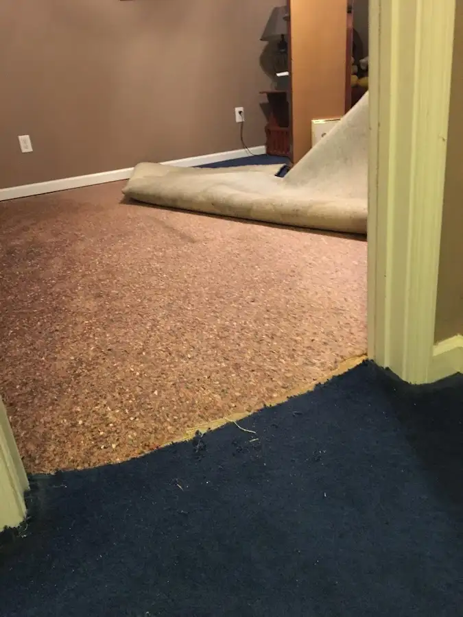 Carpet pad removal revealing water damage during Drying & Dehumidification in Mount Kisco